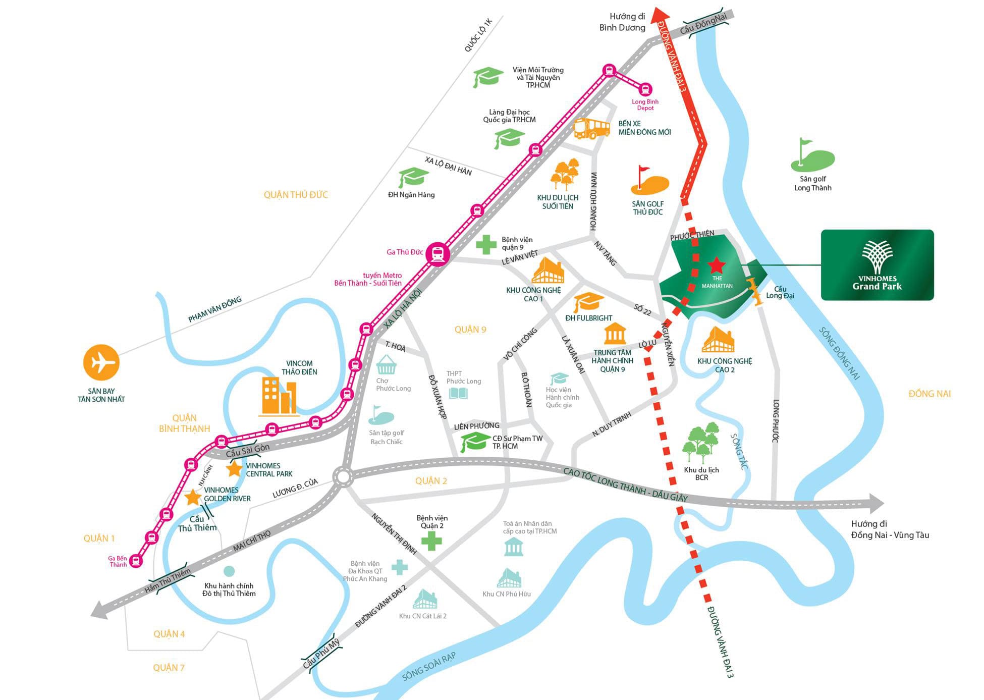 Vinhomes Grand Park tọa lạc tại mặt tiền đường Nguyễn Xiển – Phước Thiện, phường Long Bình & Long Thạnh Mỹ, Quận 9, TP. Thủ Đức.