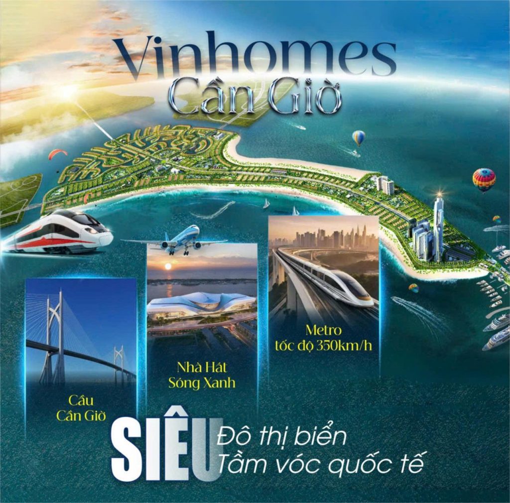 Hình ảnh tổng hợp Cầu Cần Giờ, Metro tốc độ cao và Phối cảnh Vinhomes Cần Giờ (Siêu đô thị biển tầm vóc quốc tế), minh họa cho 3 yếu tố quyết định tiềm năng Bất động sản.