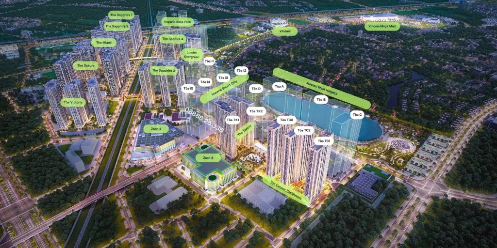 Hình ảnh tổng quan dự án Vinhomes Smart City Tây Mỗ, minh họa quy mô lớn và sự hiện đại của mô hình Đô thị Thông minh (Smart City) áp dụng công nghệ AI.