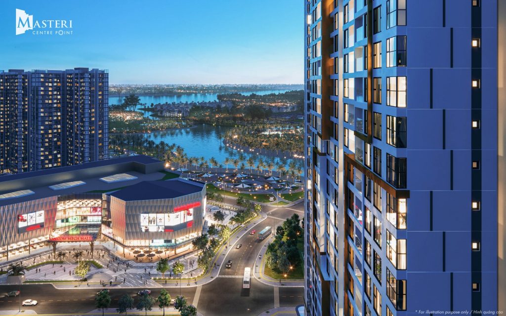 Phối cảnh đêm khu căn hộ Masteri Centre Point nằm đối diện trung tâm thương mại Vincom Mega Mall lớn nhất miền Nam.