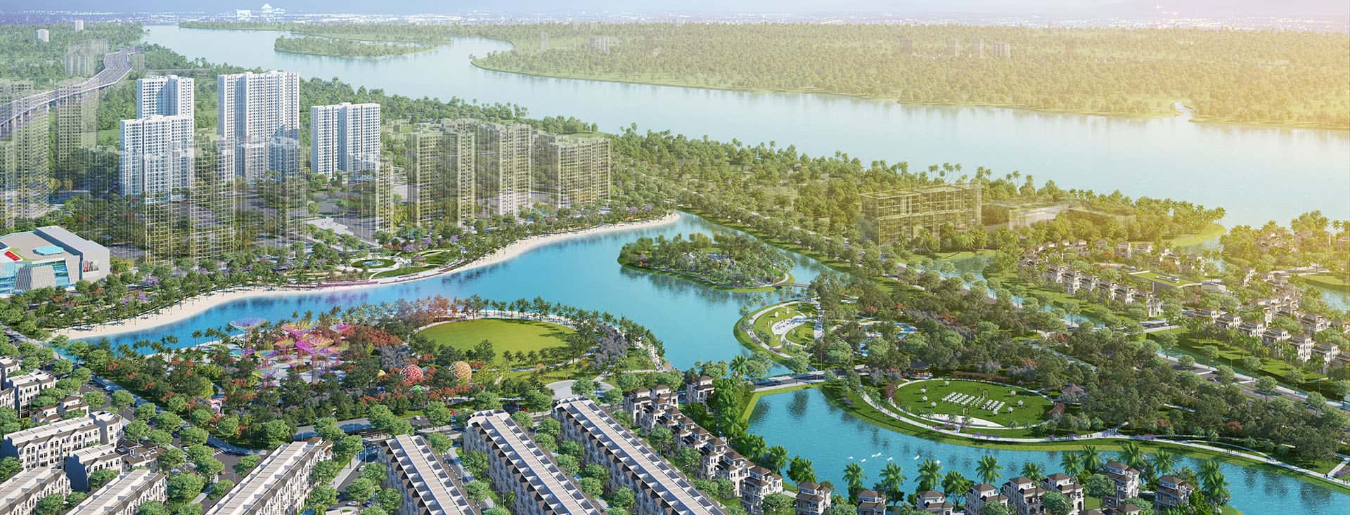 Công viên ánh sáng 36ha tại Vinhomes Grand Park với bãi cát trắng và rặng dừa ven sông.