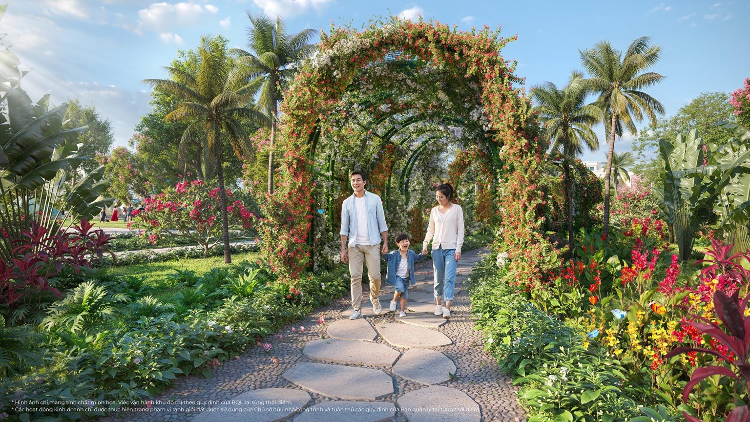 Đường dạo bộ rợp bóng mát và vườn hoa rực rỡ tại phân khu cây xanh dự án Vinhomes Green City.