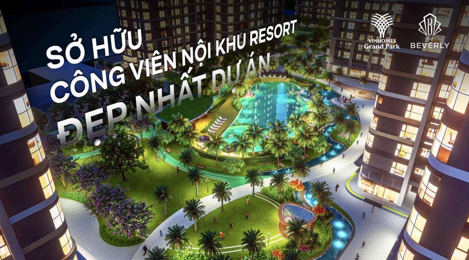 Cảnh quan công viên nội khu phong cách resort Mỹ tại phân khu The Beverly Vinhomes Grand Park về đêm.