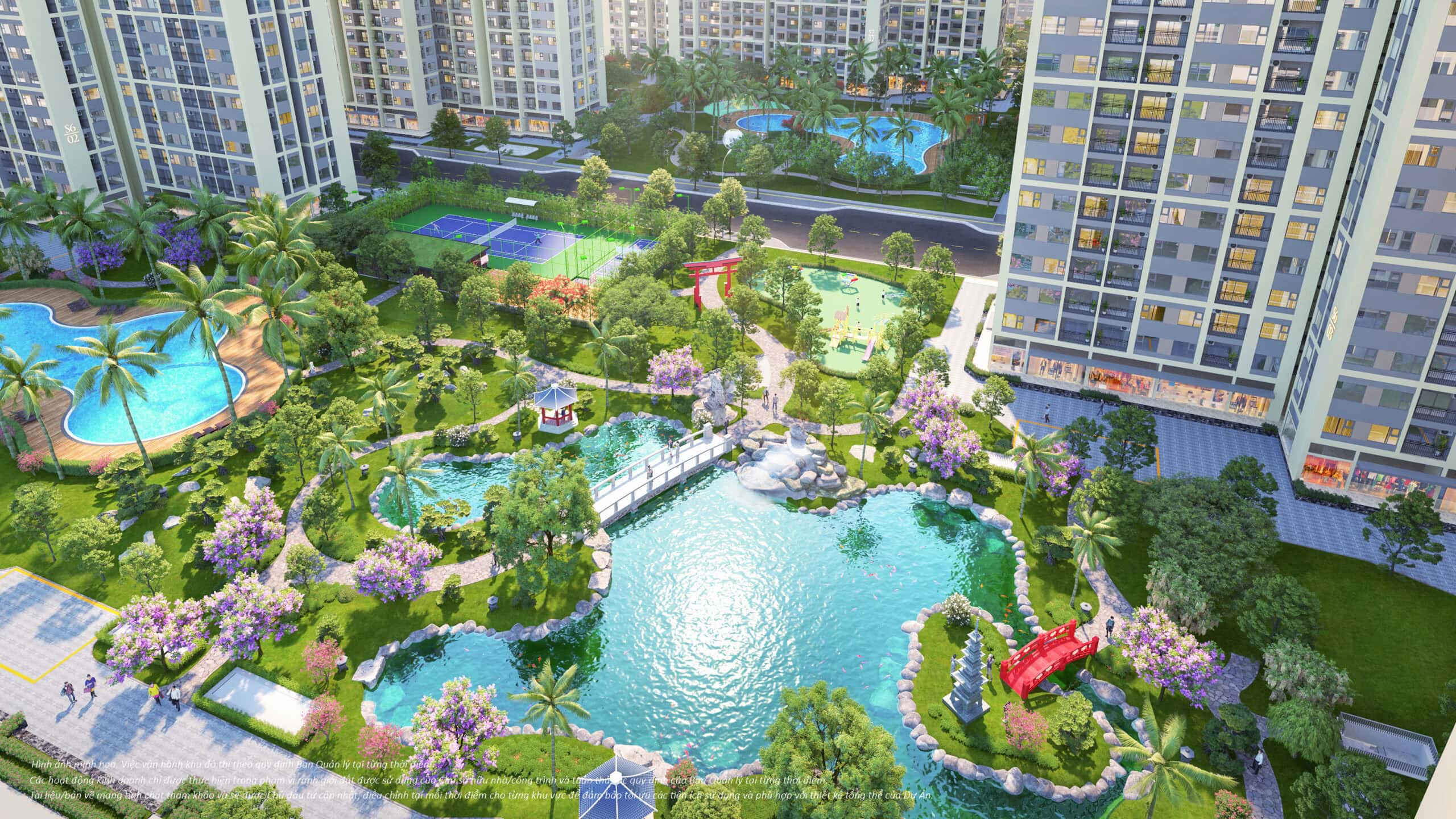 Cảnh quan vườn Nhật nội khu The Origami - không gian giao lưu văn minh của cư dân Vinhomes.