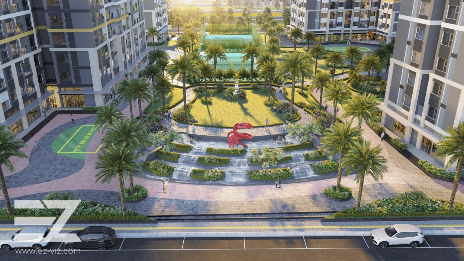 Đồi cảnh quan Beverly Hills và biểu tượng chim đại bàng tại quảng trường Golden Eagle