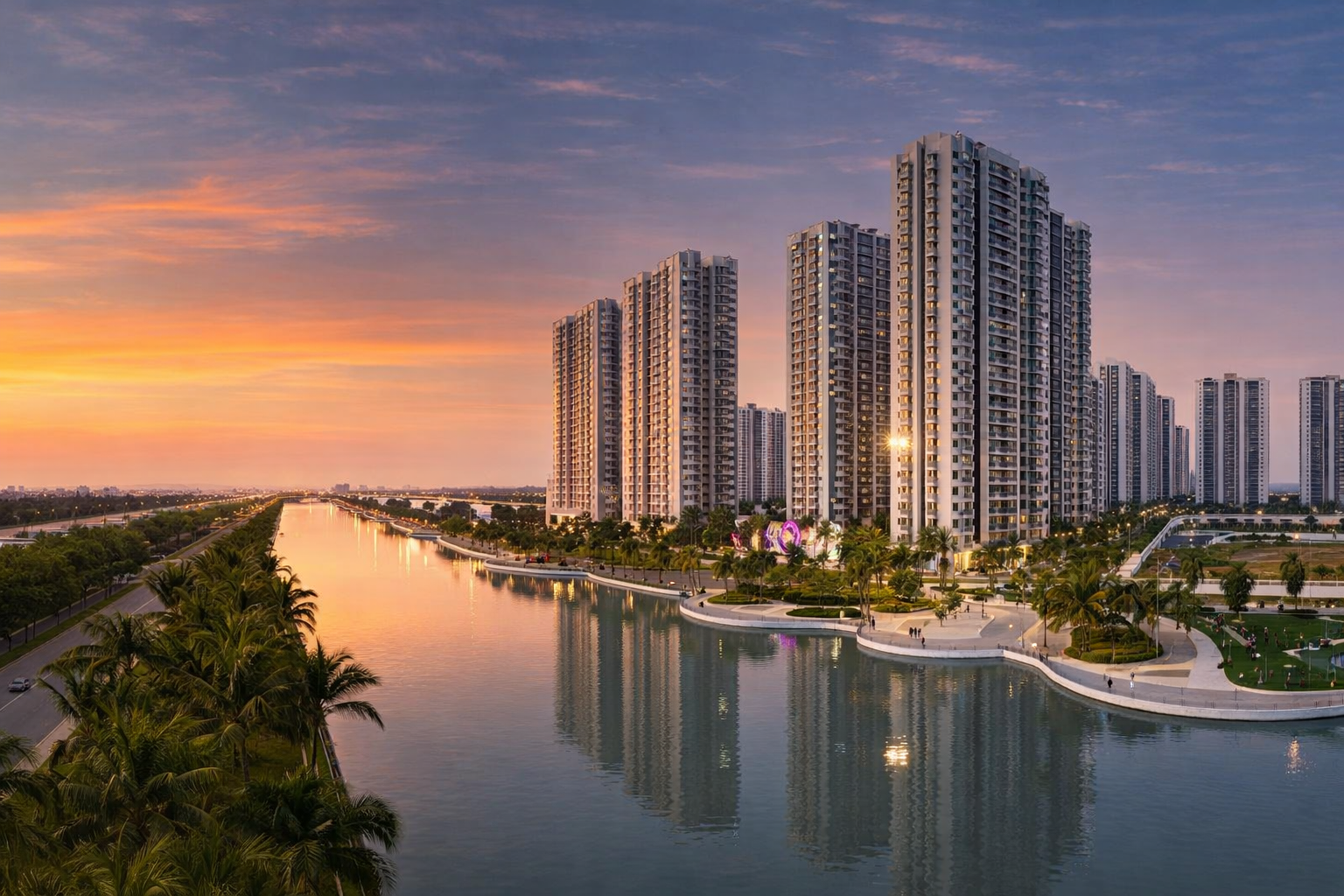 Không gian sống xanh và giá bán căn hộ Vinhomes Ocean Park bên dòng sông thơ mộng lúc hoàng hôn.