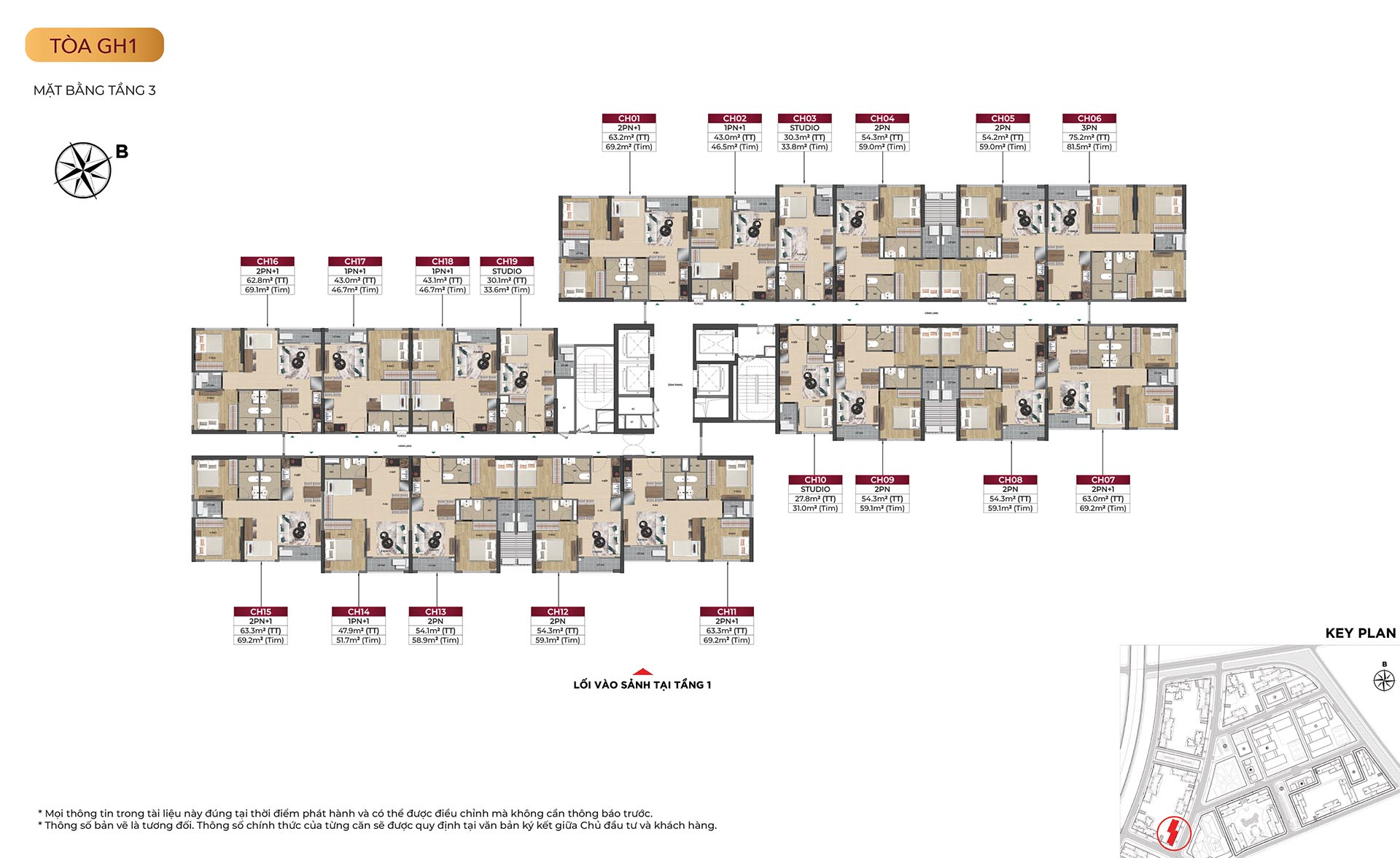 Chi tiết mặt bằng tầng tòa GH1 dự án Glory Heights với các loại căn hộ Studio, 1PN, 2PN và 3PN.