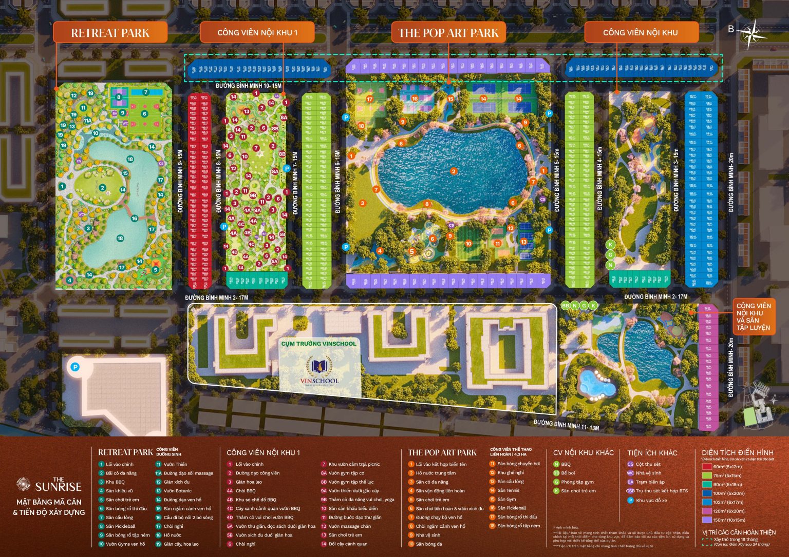 Bản đồ quy hoạch phân khu The Sunrise Vinhomes Green City với cụm trường học Vinschool, công viên The Pop Art Park và Retreat Park.