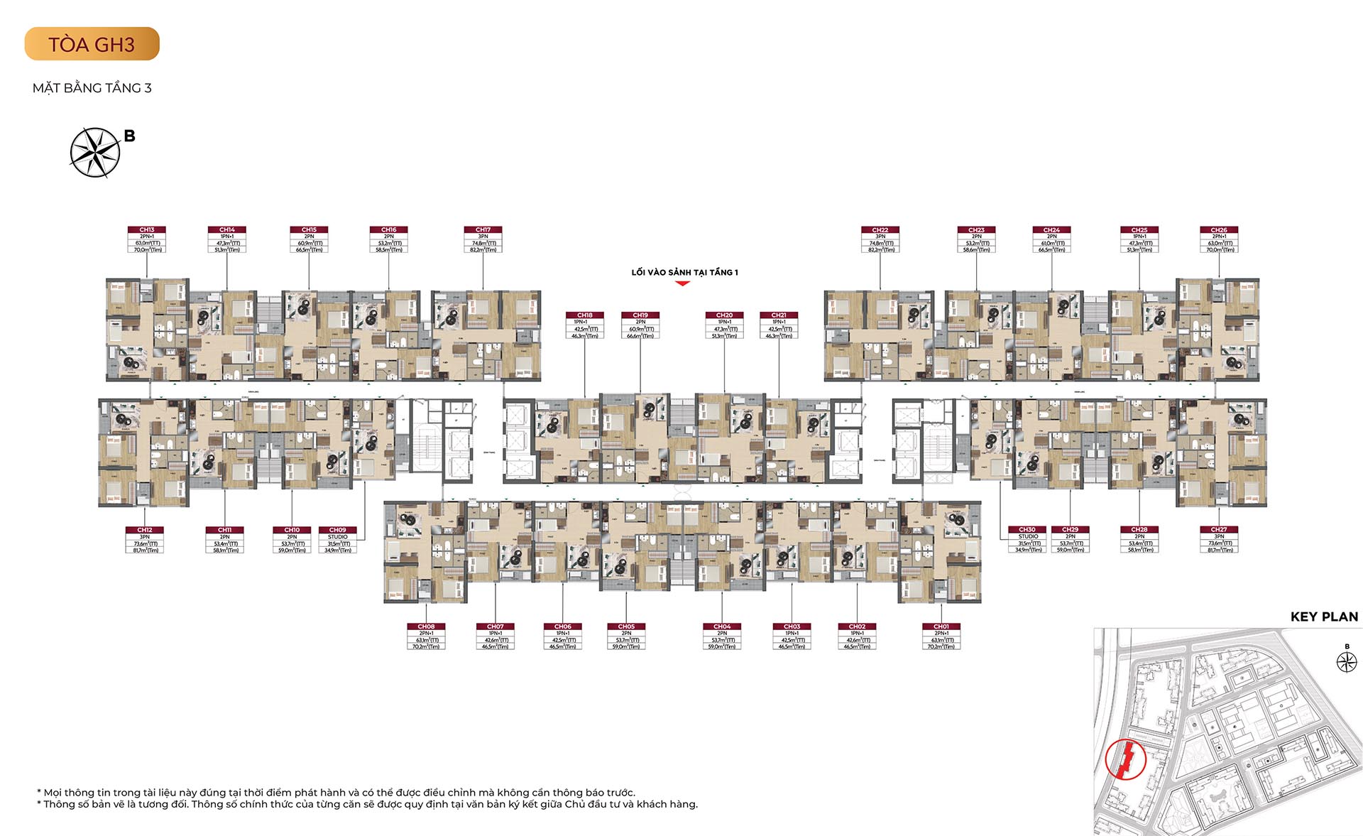 Mặt bằng tầng tòa GH3 thiết kế hình chữ Z đặc trưng tại phân khu Glory Heights.