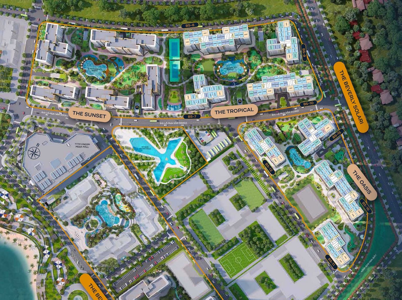Mặt bằng tổng thể phân khu The Beverly Solari Vinhomes Grand Park gồm các tiểu khu The Oasis, The Tropical và The Sunset
