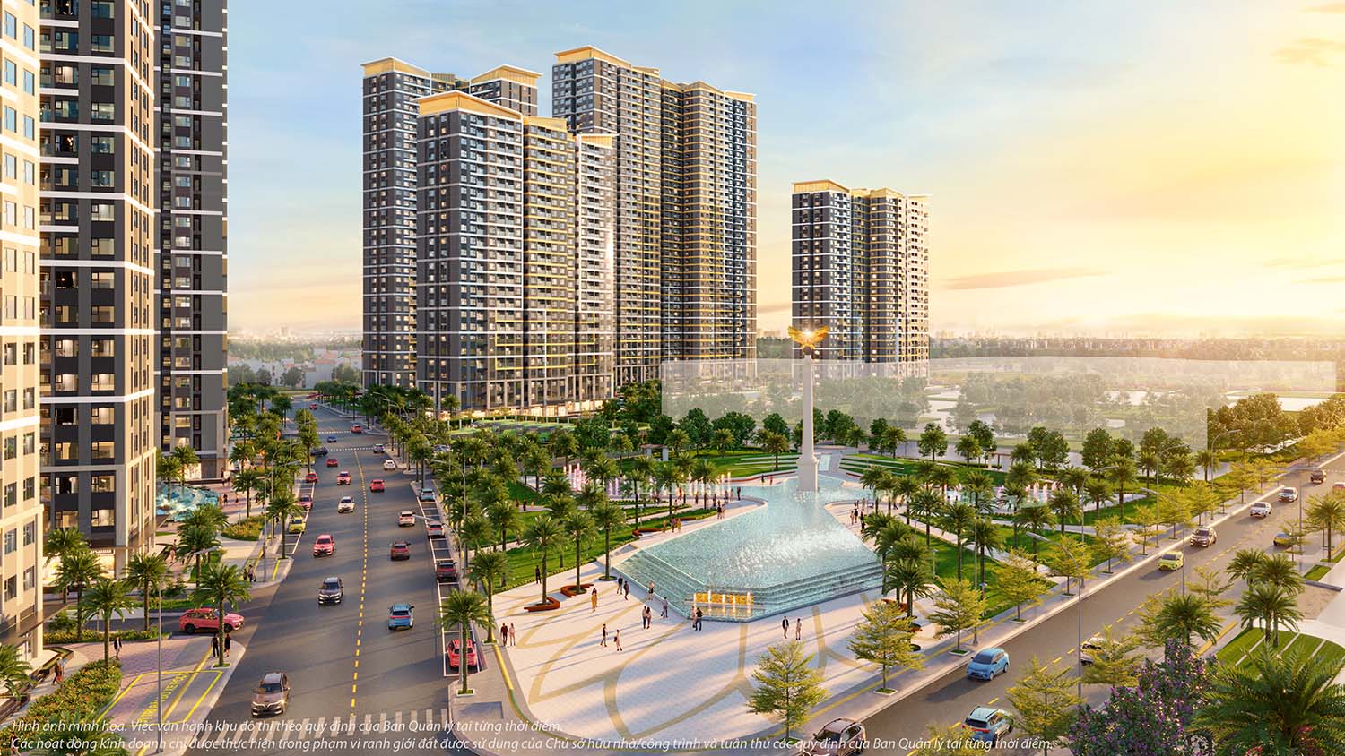 Phối cảnh phân khu Glory Heights và quảng trường Golden Eagle tại Vinhomes Grand Park.
