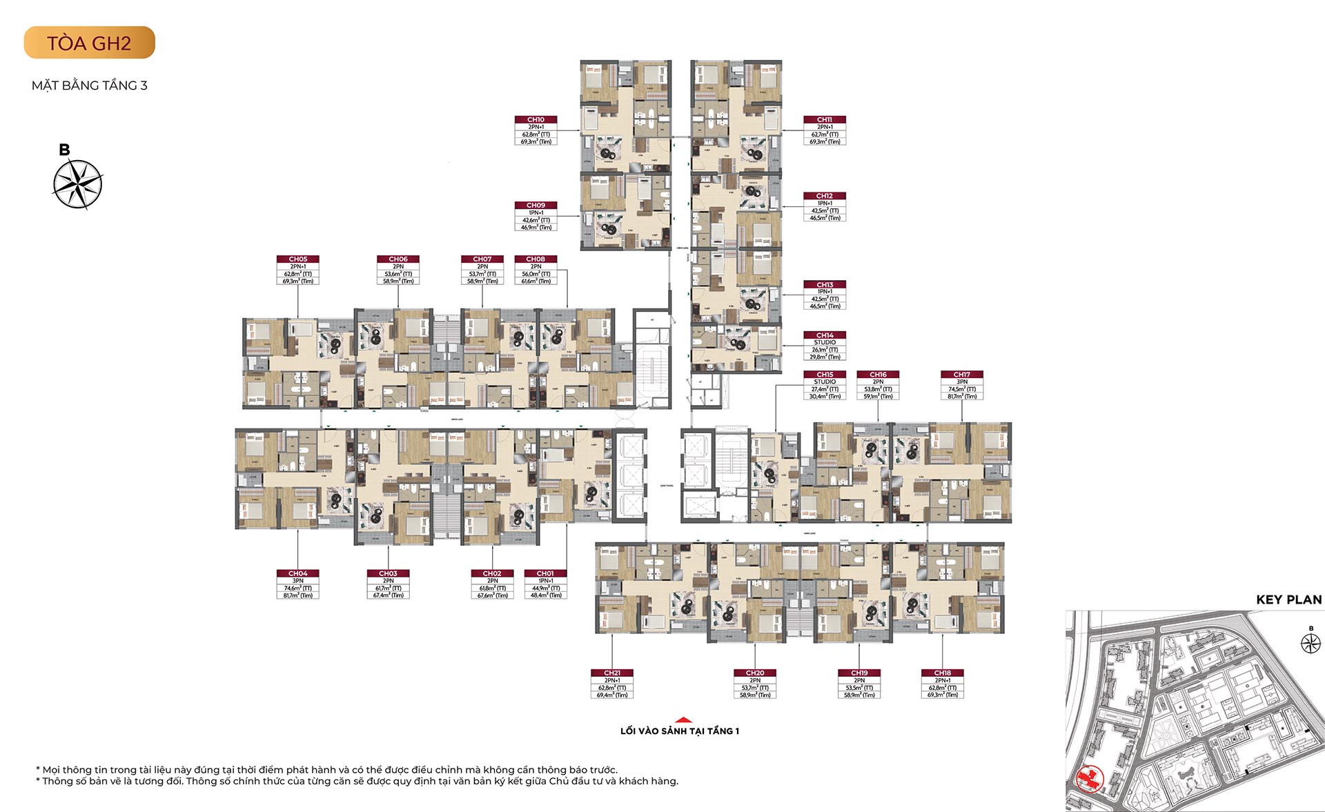 Sơ đồ mặt bằng căn hộ tòa GH2 Glory Heights, thể hiện vị trí thang máy và các căn góc.