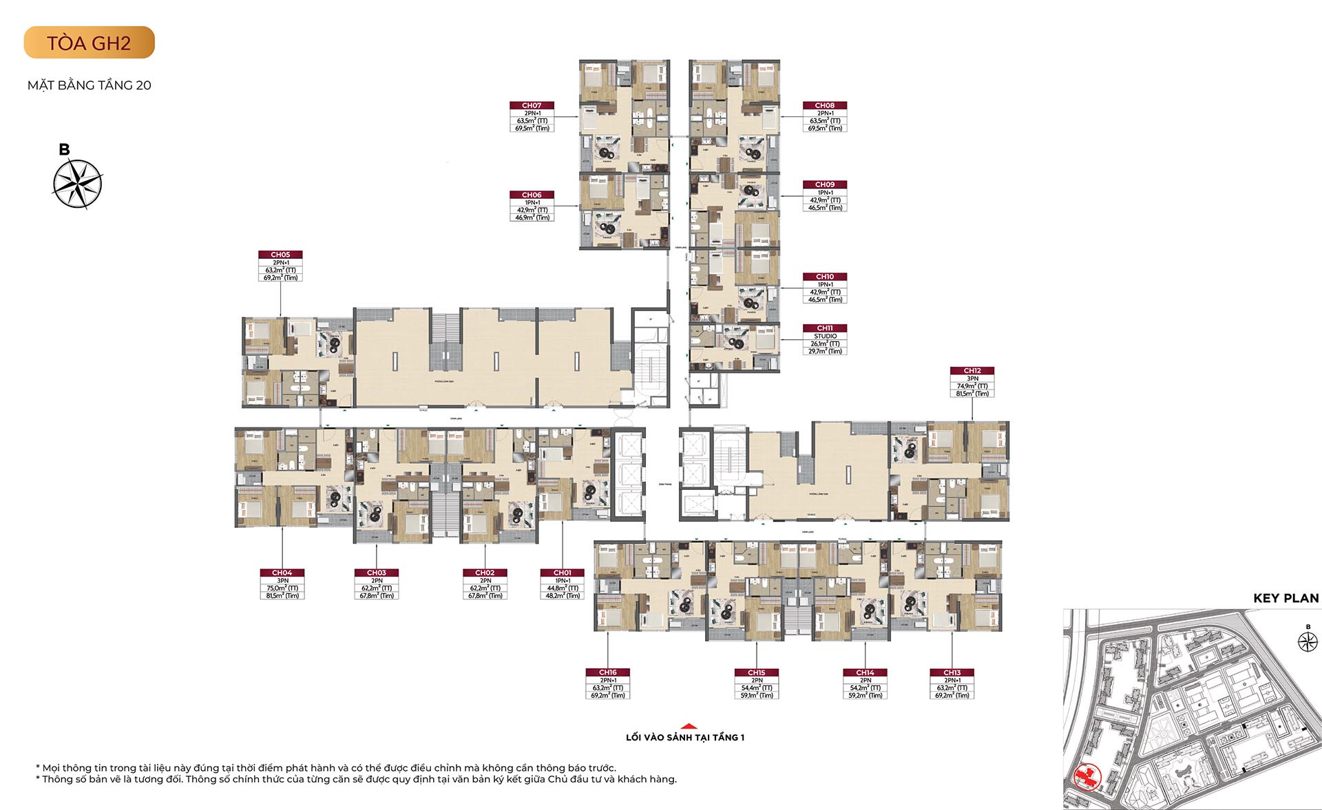 Sơ đồ mặt bằng căn hộ tòa GH2 Glory Heights, thể hiện vị trí thang máy và các căn góc.