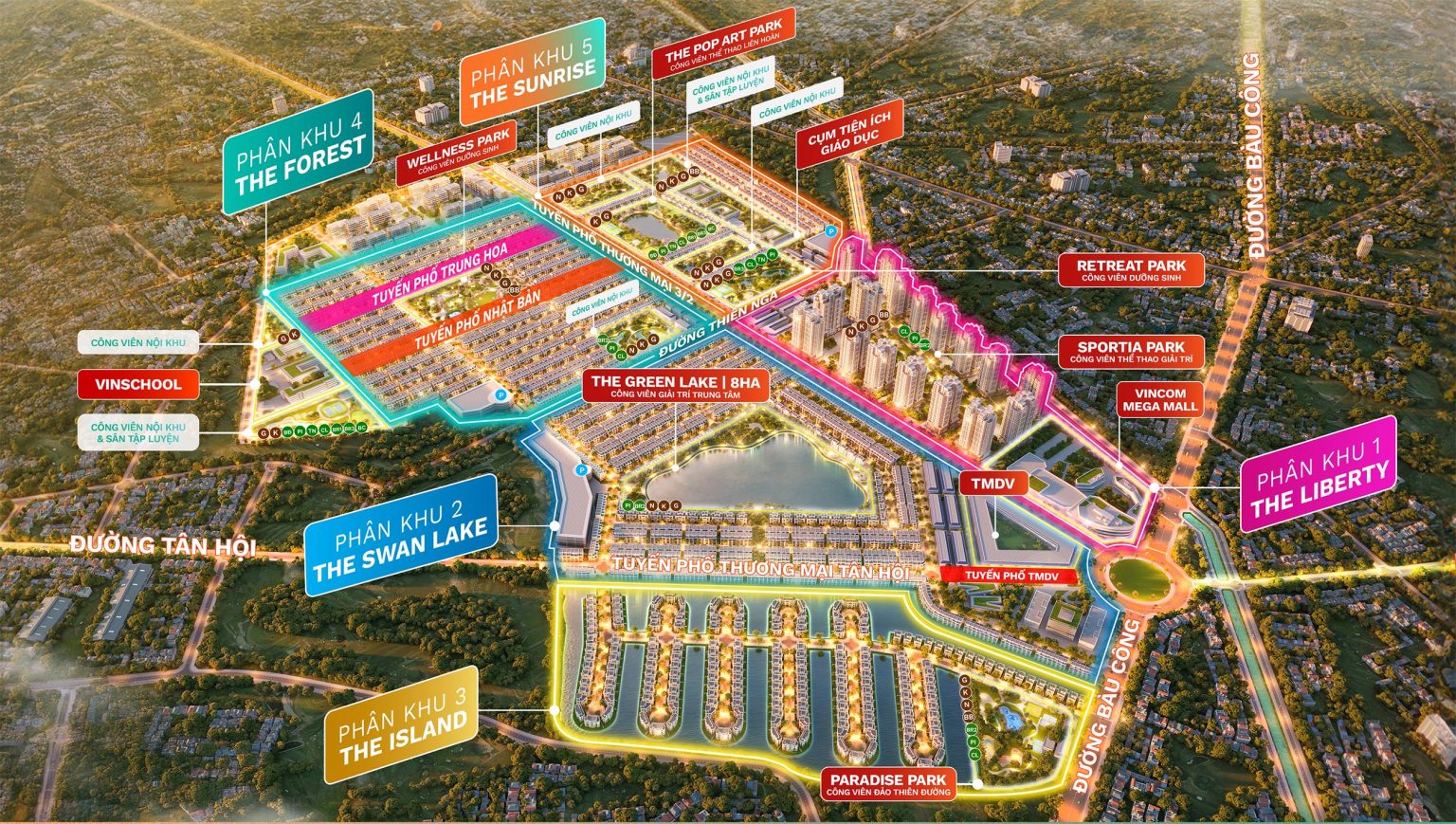 Sơ đồ chi tiết 5 phân khu tại Vinhomes Green City gồm The Liberty, The Swan Lake, The Island, The Forest và The Sunrise.