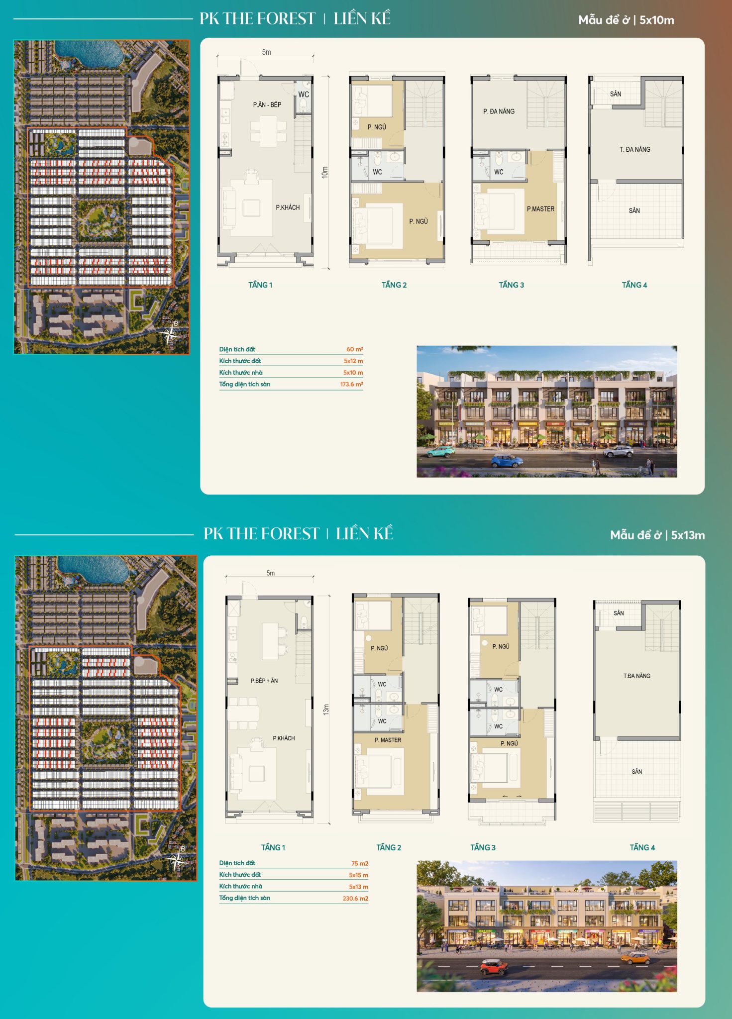 Thiết kế chi tiết nhà liên kế Vinhomes Green City diện tích 5x10m và 5x13m tại phân khu The Forest.
