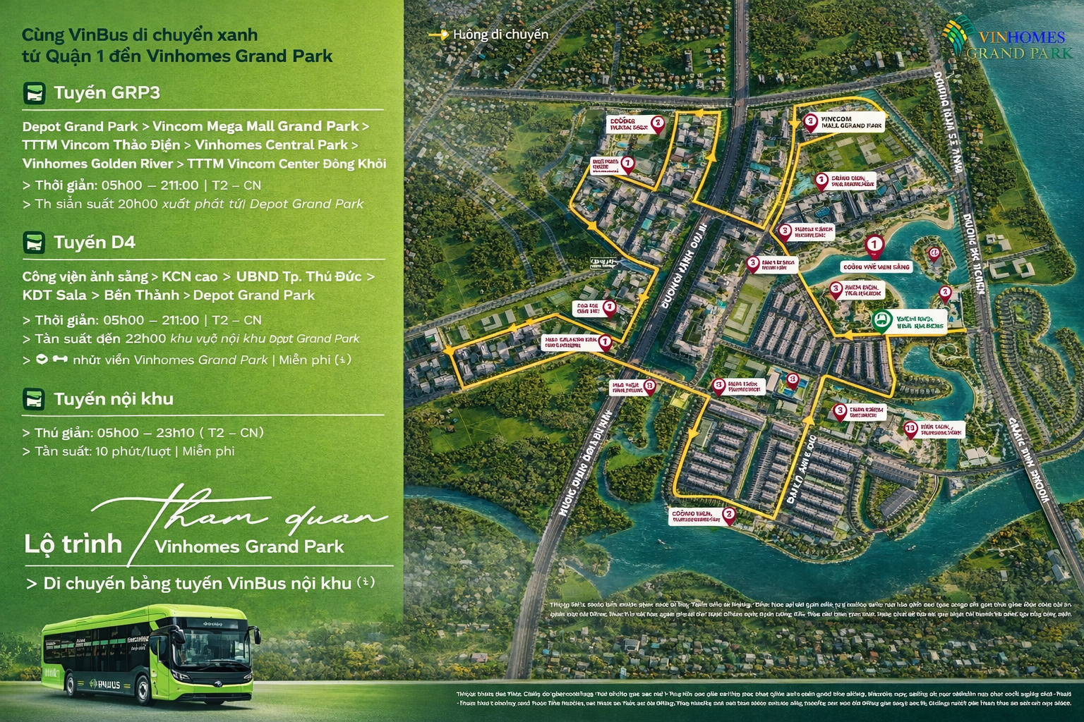 Lộ trình các tuyến xe buýt điện VinBus kết nối Vinhomes Grand Park với trung tâm TP.HCM.