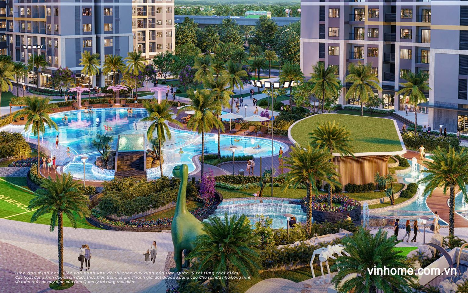 Hồ bơi Malibu nội khu dự án Glory Heights với thiết kế nghỉ dưỡng 5 sao và công viên khủng long cho trẻ em.