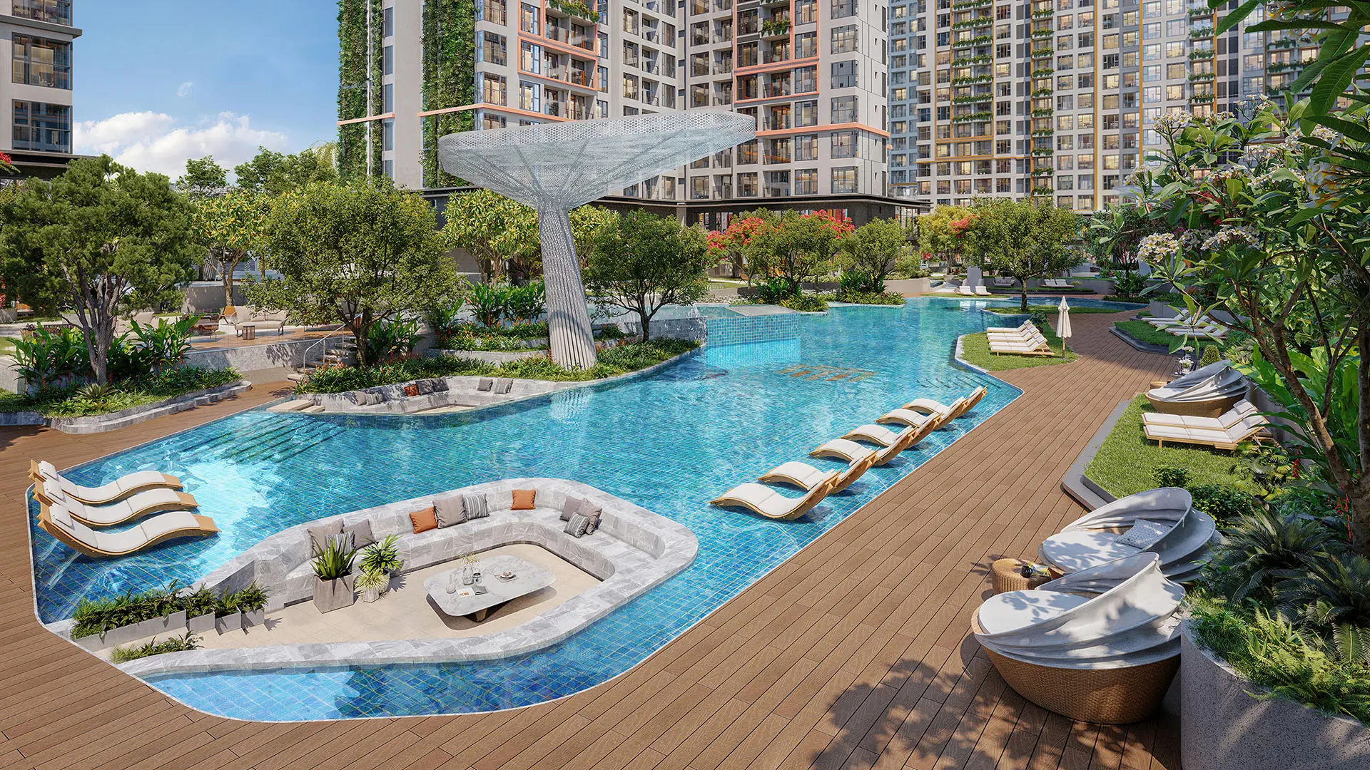 Tiện ích bể bơi ngoài trời phong cách nghỉ dưỡng tại phân khu cao cấp Vinhomes Grand Park.