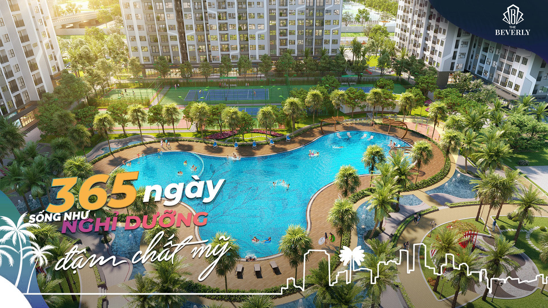 Khu phức hợp hồ bơi và sân tập thể thao ngoài trời chuẩn resort 5 sao tại Vinhomes The Beverly.