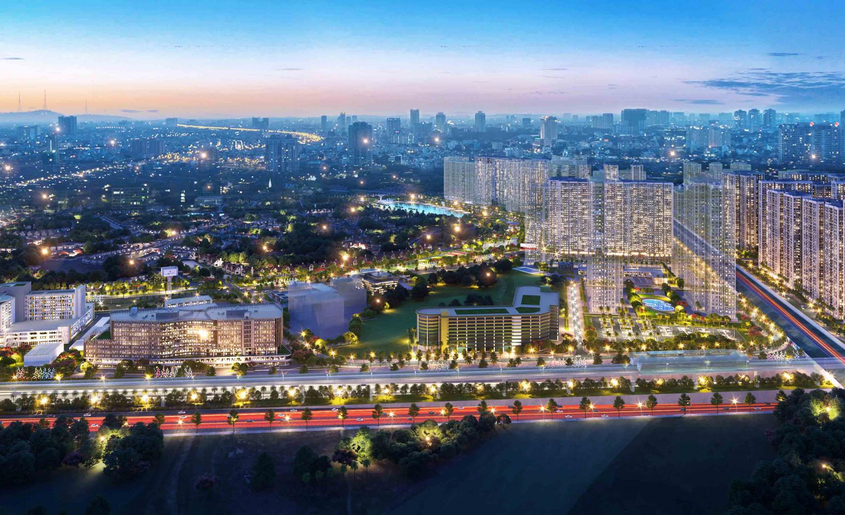 Toàn cảnh đại đô thị Vinhomes Grand Park rực rỡ ánh đèn về đêm với hệ thống tiện ích đẳng cấp.