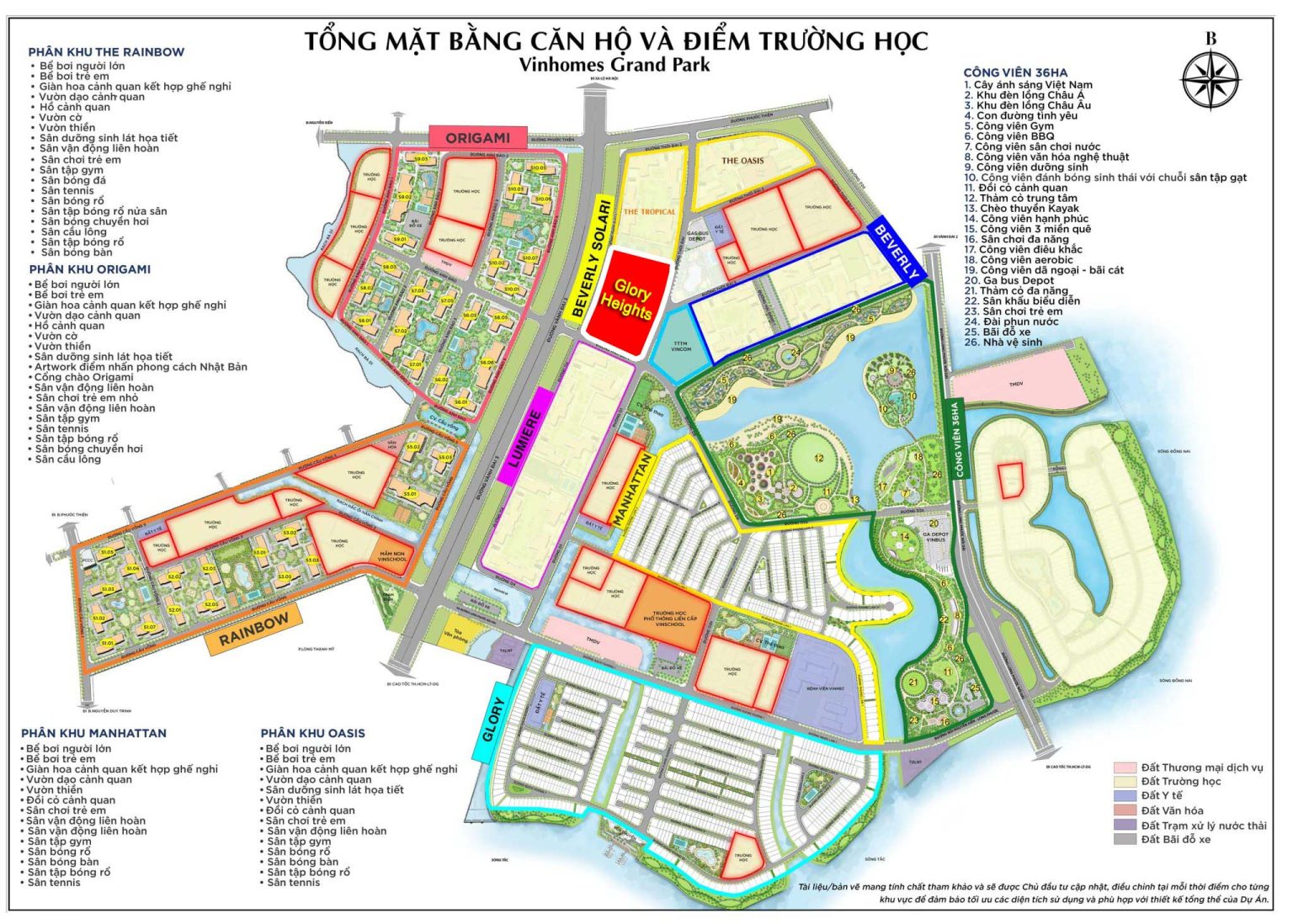 Sơ đồ tổng mặt bằng vị trí phân khu Glory Heights trong đại đô thị Vinhomes Grand Park đối diện Vincom.