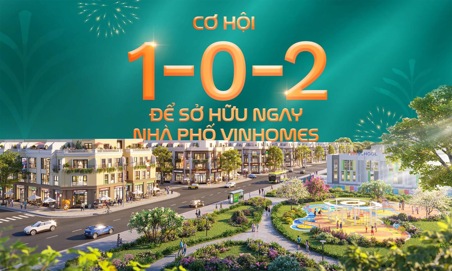 Phối cảnh tổng quan nhà phố Vinhomes Green City với tiện ích công viên và trường học Vinschool.