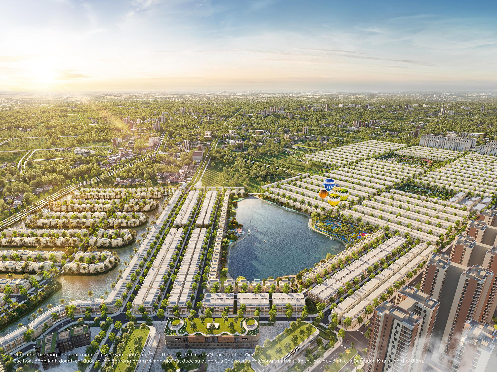 Phối cảnh toàn cảnh dự án Vinhomes Ocean Park 3 với hồ nước trung tâm, các dãy biệt thự và khu nhà phố liền kề xanh mát.