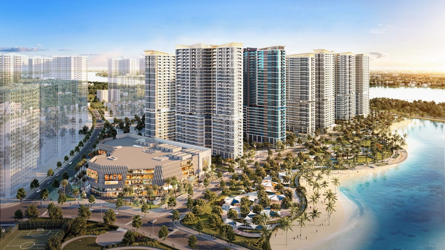 Phối cảnh các tòa tháp căn hộ The Beverly nằm cạnh Vincom Mega Mall và công viên ánh sáng 36ha.