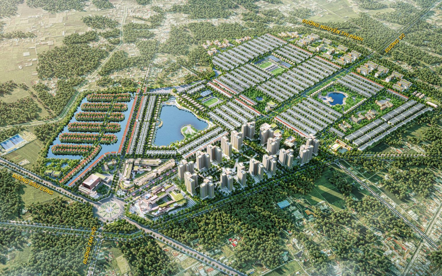Quy hoạch tổng thể đại đô thị Vinhomes Green City Đức Hòa Long An với hệ thống hồ điều hòa và mảng xanh rộng lớn.