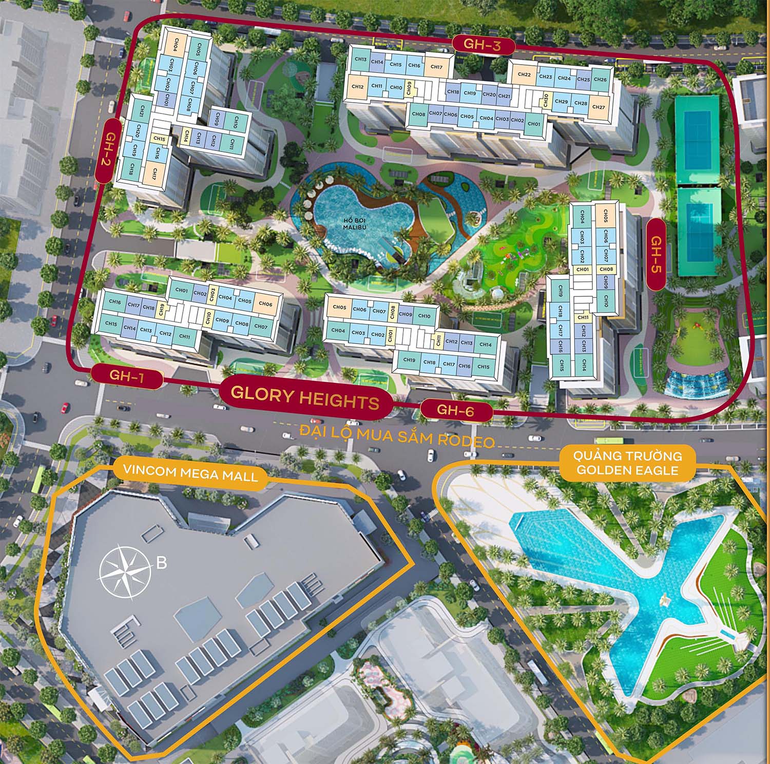 Sơ đồ vị trí 6 tòa căn hộ GH1 đến GH6 tại dự án Glory Heights đối diện Vincom Mega Mall.