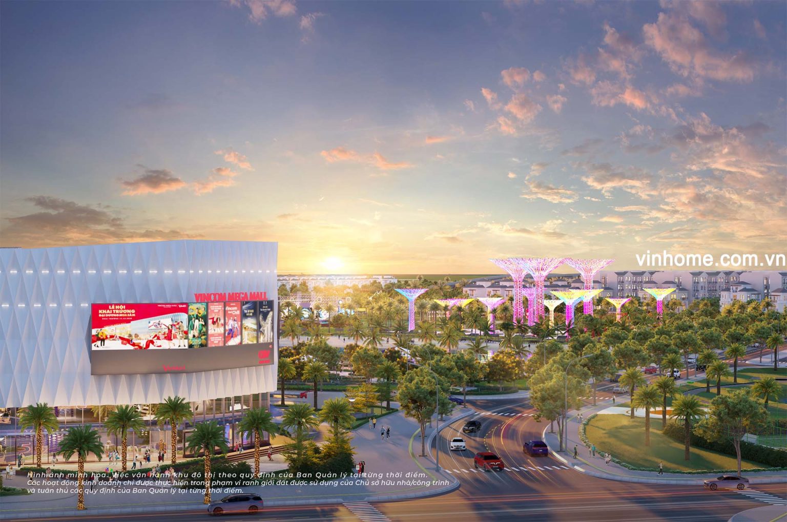Trung tâm thương mại Vincom Mega Mall Grand Park nằm đối diện phân khu Glory Heights dưới ánh hoàng hôn.