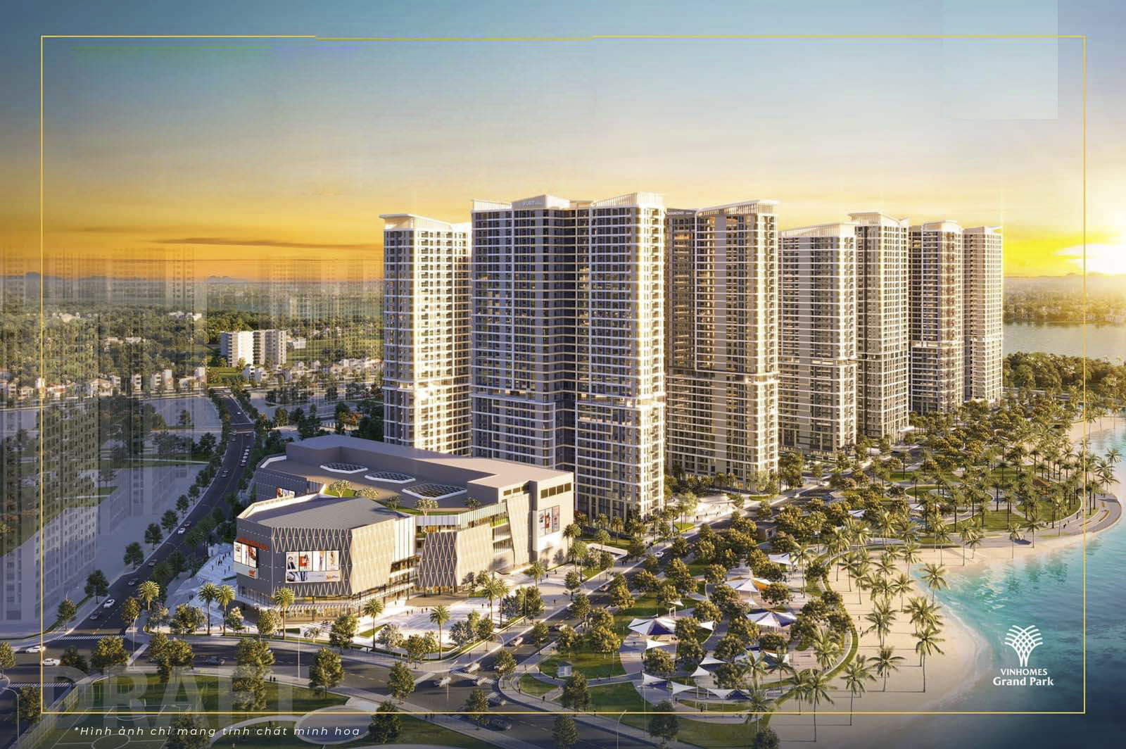 Phối cảnh dự án Vinhomes Grand Park Quận 9 nổi bật với trung tâm thương mại Vincom Mega Mall và công viên biển hồ.