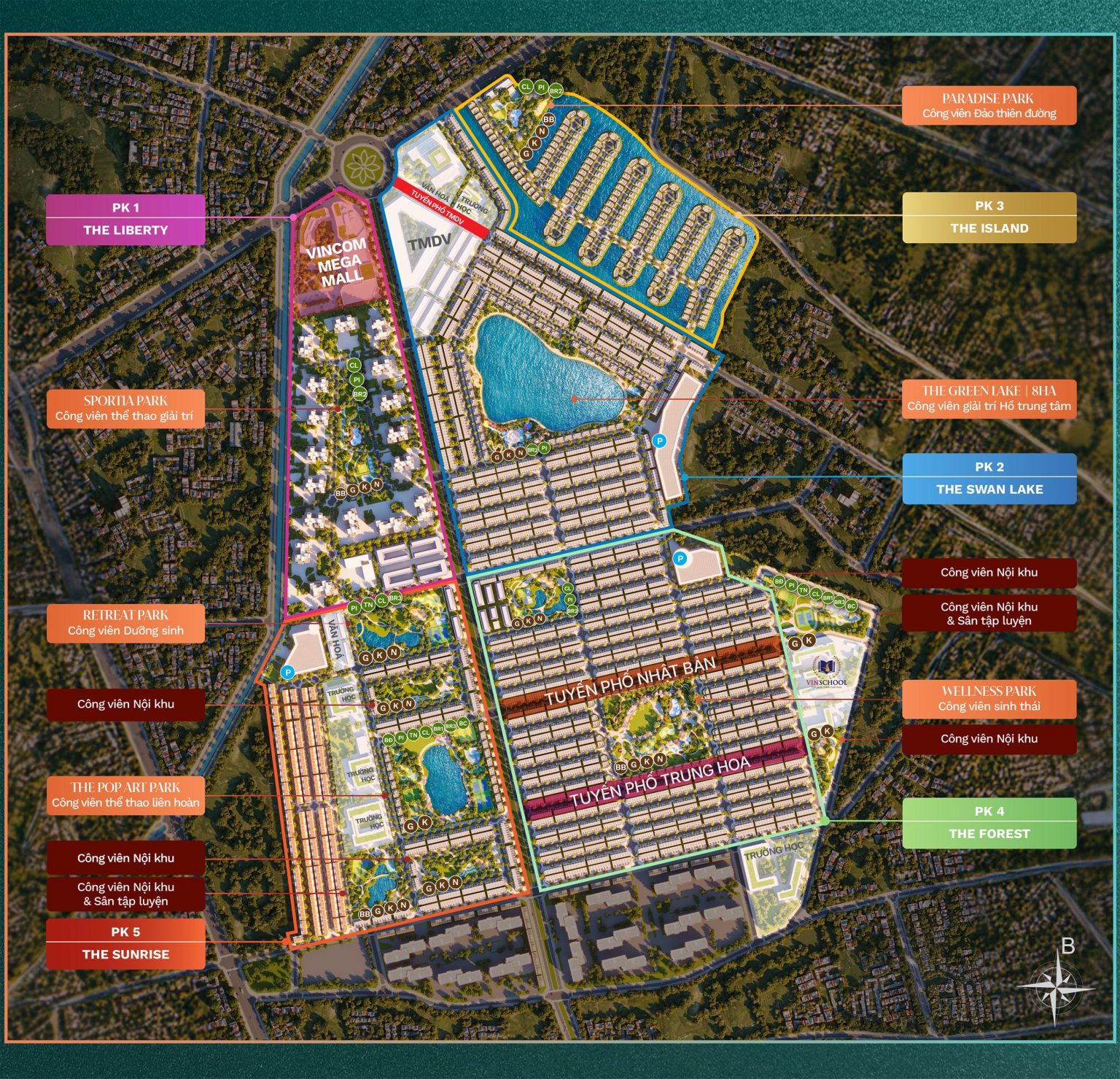 Bản đồ quy hoạch tổng thể dự án Vinhomes Green City Long An với các phân khu The Liberty, The Island và The Forest.