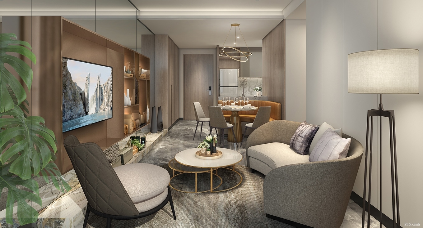 Thiết kế nội thất phòng khách hiện đại tại Vinhomes Smart City với sofa xám và bàn trà đôi