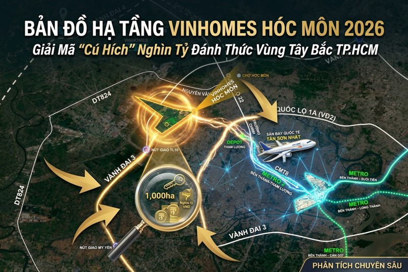 Bản đồ kết nối hạ tầng giao thông Vinhomes Hóc Môn với Vành đai 3, cao tốc TP.HCM - Mộc Bài và các tuyến đường huyết mạch khu Tây Bắc TP.HCM.