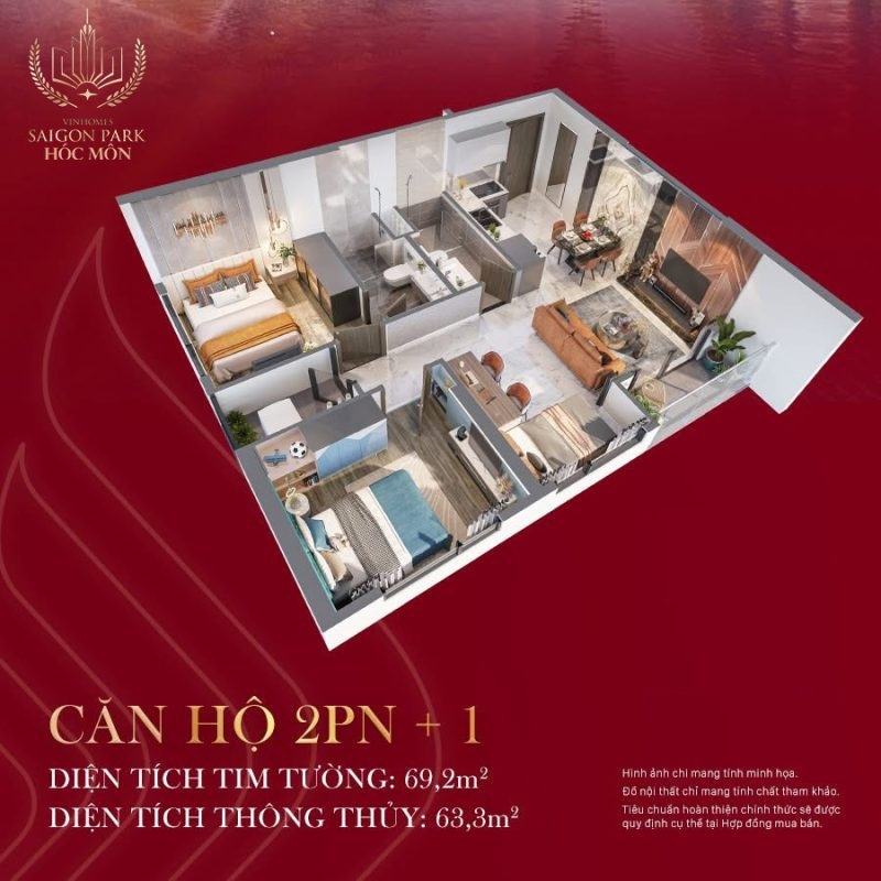 Mặt bằng thiết kế căn hộ 2 phòng ngủ Vinhomes Hóc Môn với bố trí phòng khách, bếp, 2 phòng ngủ và 2 phòng vệ sinh.